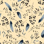 Seamless floral pattern with watercolor blue branches, berries and leaves, hand drawn on a tender pink background