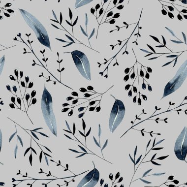 Suluboya mavi dalları, çilek ve yaprakları ile Dikişsiz çiçek deseni, el gri bir arka plan üzerine çizilmiş