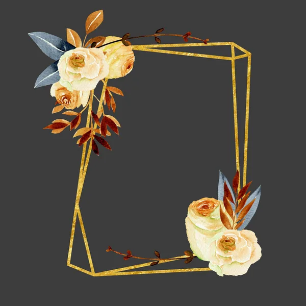 几何金框与水彩玫瑰花束 手绘在深色背景 婚礼或其他卡设计 秋季风格 — 图库照片