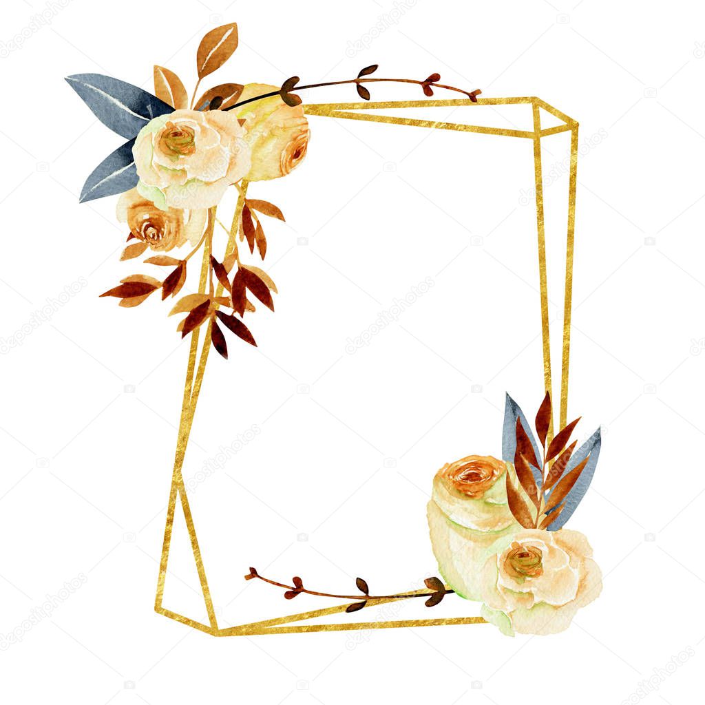 Geometric golden frame with watercolor roses bouquets, hand painted on a white background, wedding or other card design, autumn style
