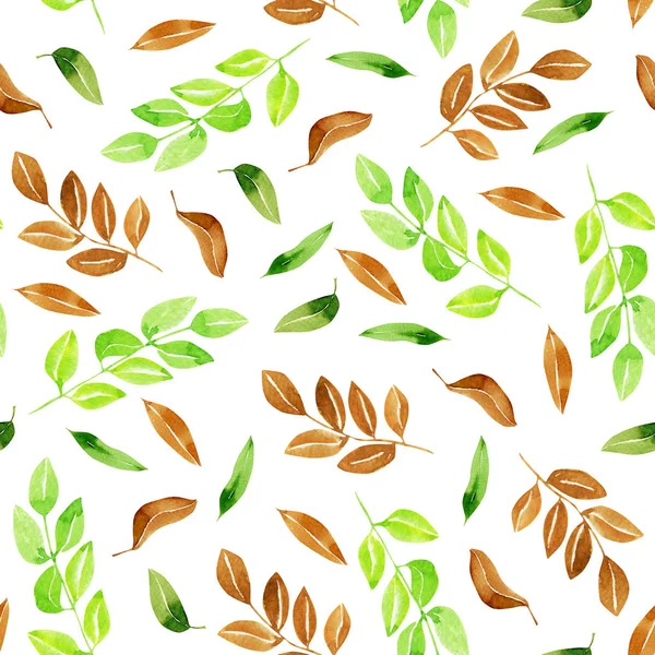 水彩緑と茶色の葉シームレスなパターン 白い背景に描かれた手 — ストック写真