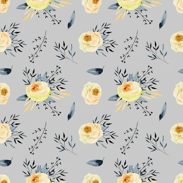 Watercolor Tea Roses Blue Branches Seamless Pattern Hand Painted Grey — Stock Photo, Image