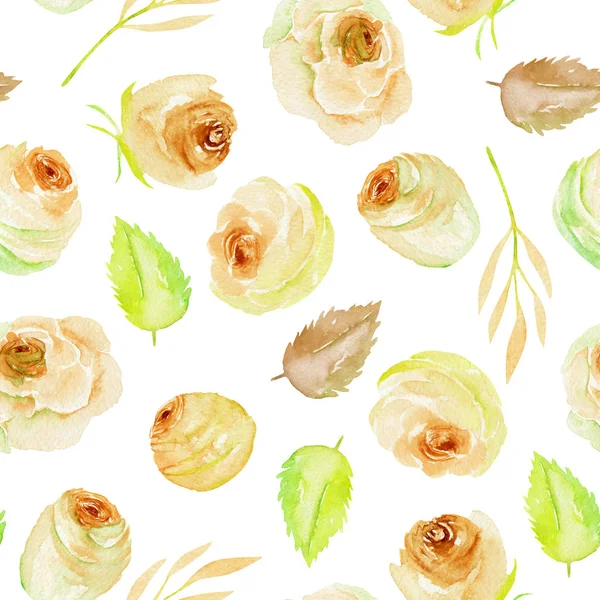 Aquarell Teerosen Und Blätter Mit Nahtlosem Muster Handgemalt Auf Weißem — Stockfoto