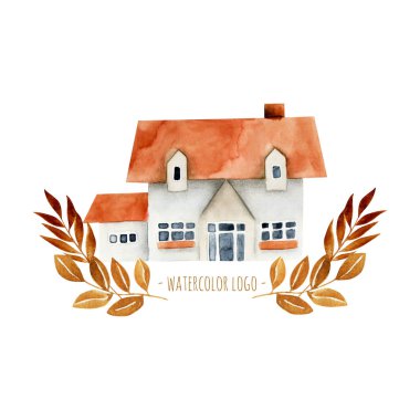Çiçek elemanları ile Suluboya aile evi, el beyaz bir arka plan üzerinde izole boyalı, logo, sembol, ev dekorasyonu için illüstrasyon