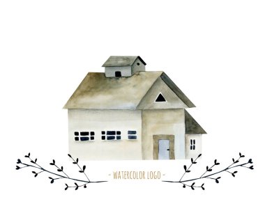 Çiçek elemanları ile Suluboya aile evi, el beyaz bir arka plan üzerinde izole boyalı, logo, sembol, ev dekorasyonu için illüstrasyon