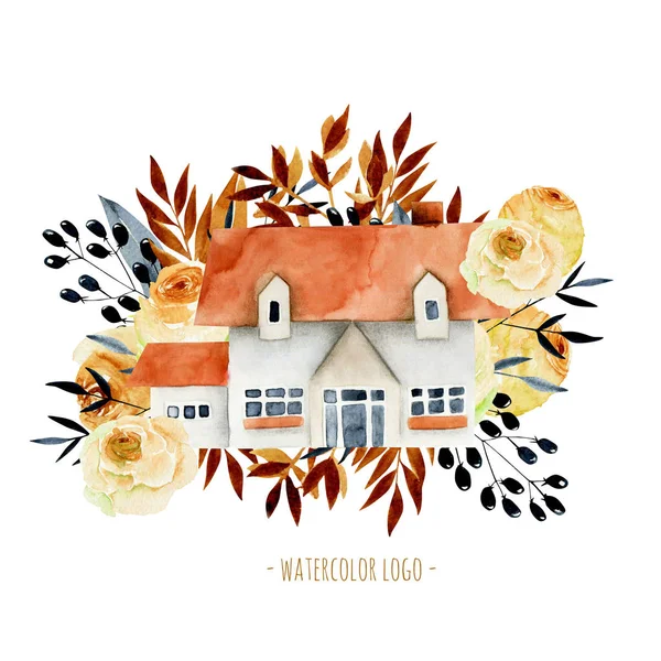 Aquarell Einfamilienhaus Mit Floralen Elementen Handgemalt Isoliert Auf Weißem Hintergrund — Stockfoto