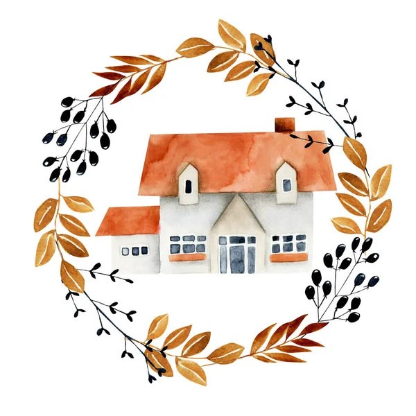 Watercolor Family House Wreath Hand Painted Isolated White Background Illustration — Stock Photo, Image