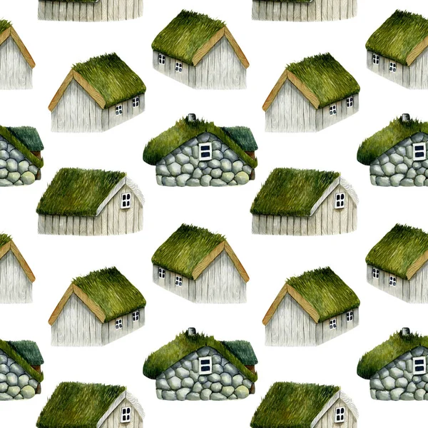 Modèle Sans Couture Aquarelle Maisons Nordiques Avec Toit Herbe Maisons — Photo