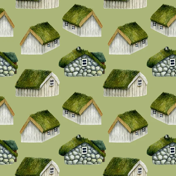 无缝的图案水彩挪威房子与草屋顶 北欧房屋 手画在绿色背景 — 免费的图库照片