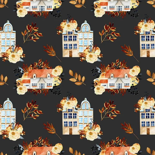 Seamless pattern of watercolor european houses with floral autumn elements, hand painted on a dark background