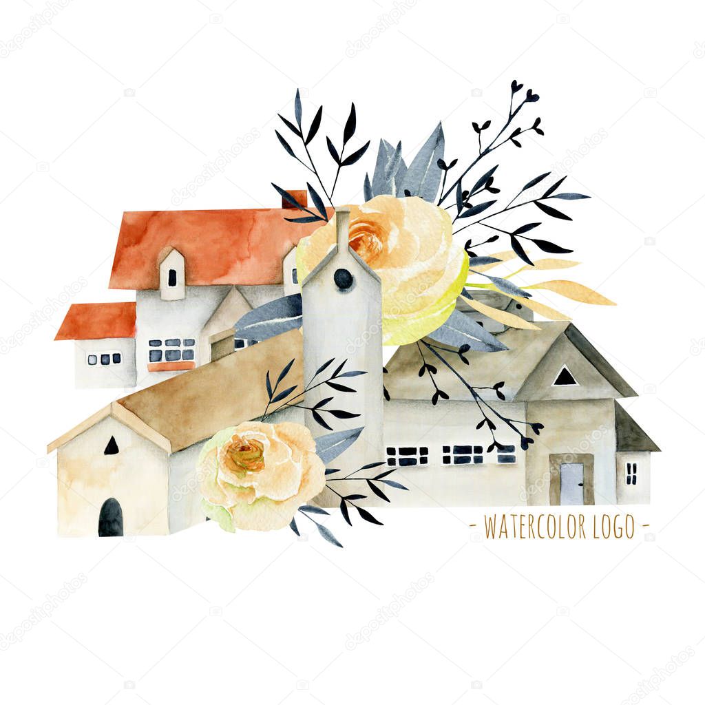 Watercolor small town elements with floral elements, hand painted isolated on a white background, illustration for logo, symbol, home decor