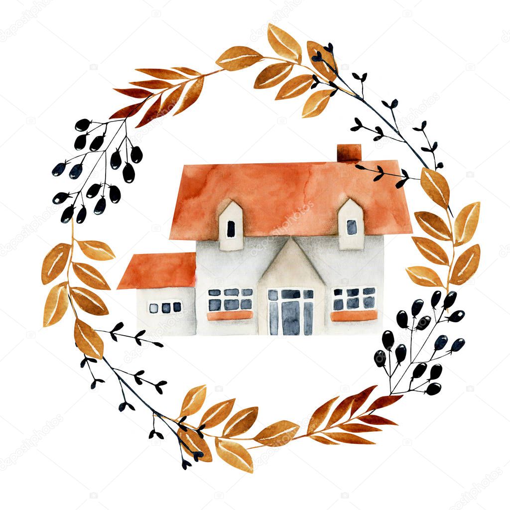 Watercolor family house inside the wreath, hand painted isolated on a white background, illustration for logo, symbol, home decor