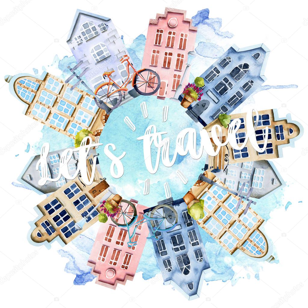Illustration of watercolor scandinavian houses, nordic architecture, hand painted on a white background, motivation card