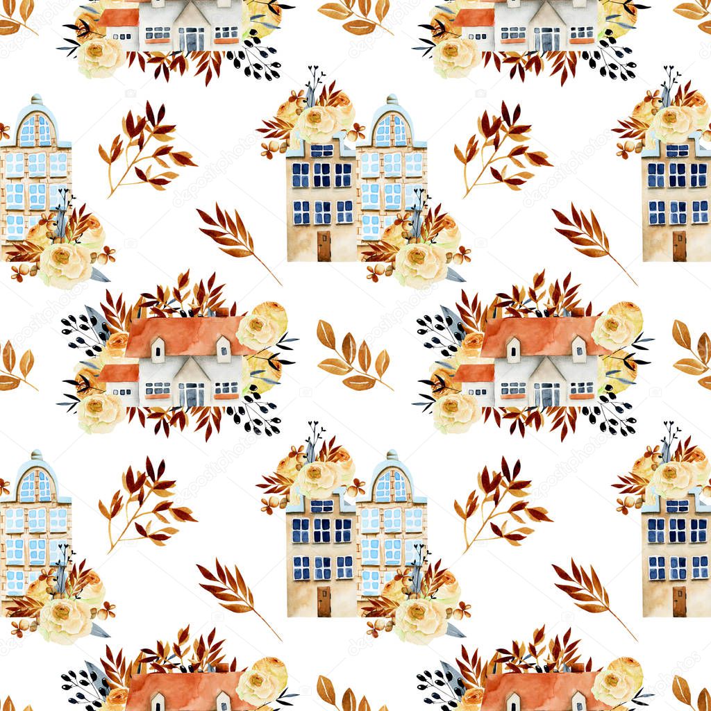 Seamless pattern of watercolor european houses with floral autumn elements, hand painted on a white background