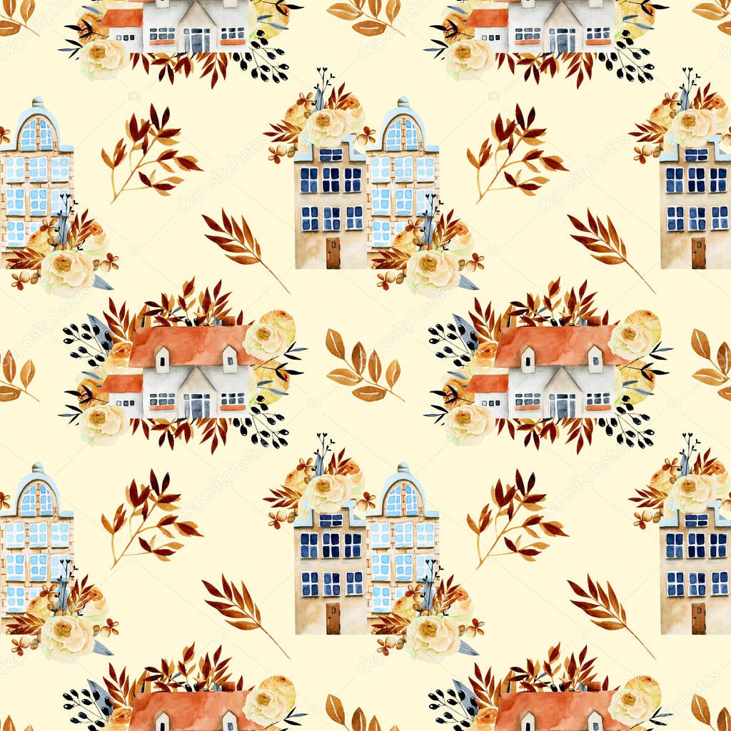 Seamless pattern of watercolor european houses with floral autumn elements, hand painted on a beige background