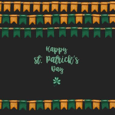 Aziz Patrick Günü kutlaması için İrlanda bayrağının tebrik kartı şablonu, koyu bir arka planda el çizimi.