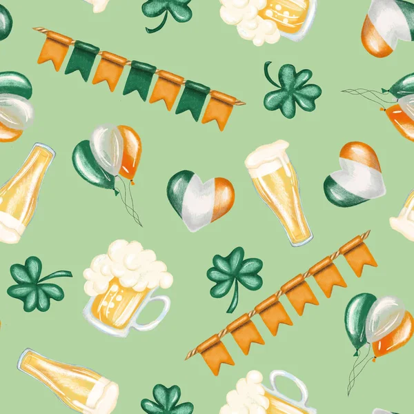 聖パトリックの日の要素 ビール アイルランドの色 シャムロック のシームレスなパターン 緑の背景に描かれた手 — ストック写真