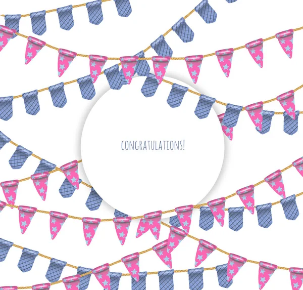 Frame Blue Pink Hanging Flags Background Hand Drawn White Background — ストック写真