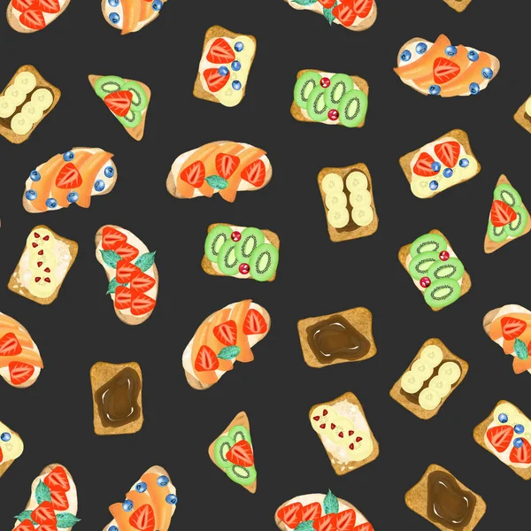 Seamless Pattern Sweet Sandwiches Hand Drawn Isolated Dark Background — Stock Photo, Image