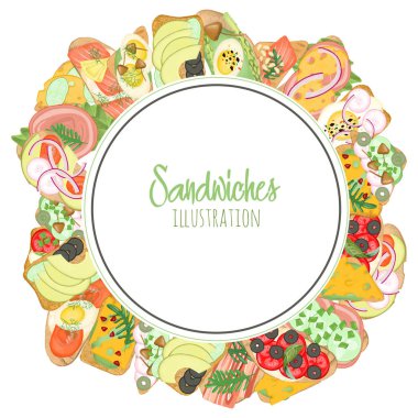 Et ve sebzeli sandviçlerin yuvarlak logo şablonu, beyaz bir arka planda el çizimi.