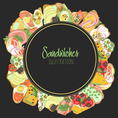 Etli ve sebzeli sandviçlerin yuvarlak logo şablonu, koyu bir arka planda el çizimi.