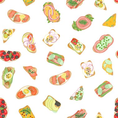 Farklı sebze içerikli kusursuz et tostları, beyaz arka planda el çizimi.