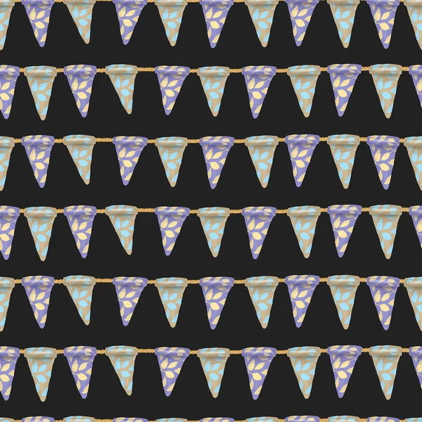 Seamless pattern of blue and brown floral hanging flags, hand drawn on a dark background