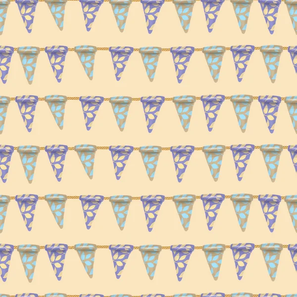 Seamless Pattern Blue Brown Floral Hanging Flags Hand Drawn Pink — ストック写真