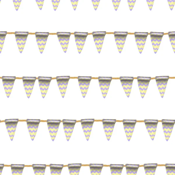 Seamless Pattern Purple Yellow Hanging Flags Hand Drawn White Background — ストック写真