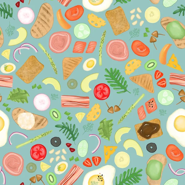 Seamless Pattern Different Elements Vegetable Meat Ingredientsfor Sandwiches Hand Drawn — ストック写真