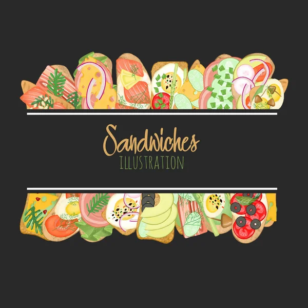 Logo Plantilla Sándwiches Con Carne Verduras Dibujado Mano Sobre Fondo — Foto de Stock