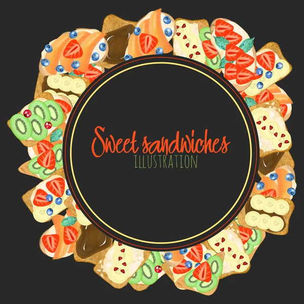 Round logo template of sweet sandwiches, hand drawn on a dark background