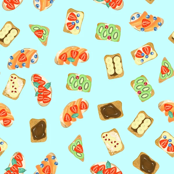 Nahtloses Muster Süßer Sandwiches Von Hand Isoliert Auf Türkisfarbenem Hintergrund — Stockfoto