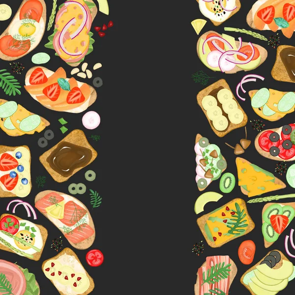 Межі Бутербродів Різними Інгредієнтами Намальовані Рукою Темному Тлі — стокове фото