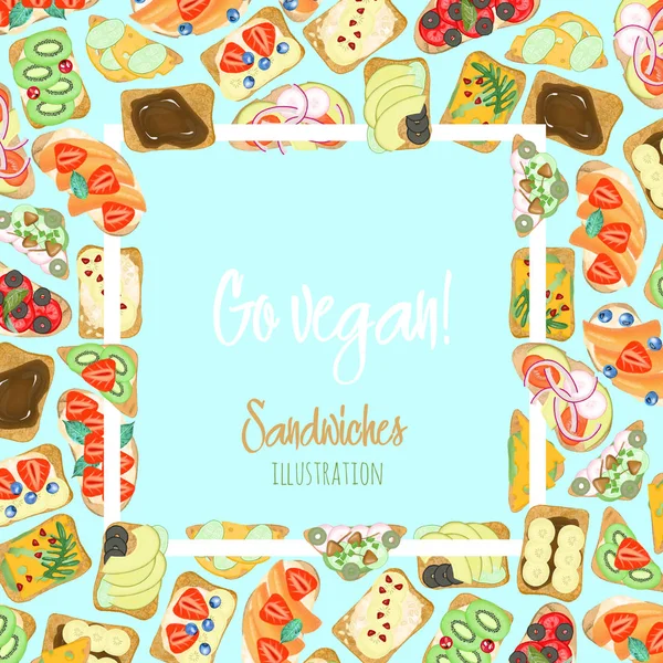 Frame Vegetarian Sandwiches Fruits Vegetables Hand Drawn Turquoise Background Vegan — ストック写真