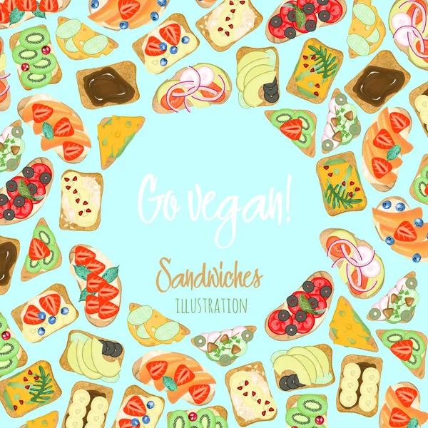 Frame Vegetarian Sandwiches Fruits Vegetables Hand Drawn Turquoise Background — ストック写真
