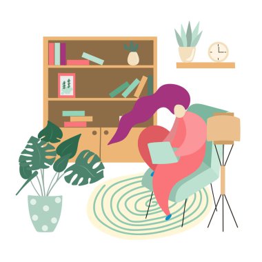 Sandalyede oturan ve dizüstü bilgisayarda çalışan bir kızın tasviri, rahat mobilya ve bitkilerle döşenmiş bir oda; ev konsepti, serbest çalışma, evde çalışma, düz bir stilde vektör çizimi