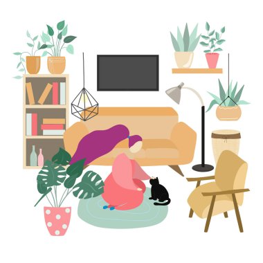 Siyah bir kediyi okşayan bir kızın tasviri, rahat mobilya ve bitkilerle döşenmiş bir oda; ev konseptinde zaman geçirmek, düz bir stilde vektör çizimi