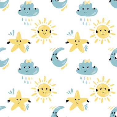 Beyaz arka planda gülümseyen yüzü (güneş, bulut, ay ve yıldız), düz stil çocuk vektör çizimi, kumaş tasarımı