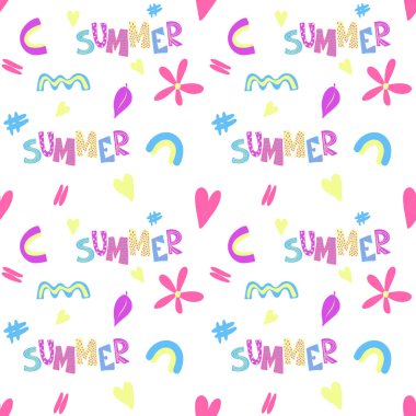 Renkli, soyut basit elementler, vektör illüstrasyonlu parlak yazıtların kusursuz deseni 