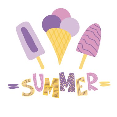 Mor renkli ve harfli dondurmanın bembeyaz arkaplanda izole edilmiş düz vektör çizimi Summer 'ın tasviri