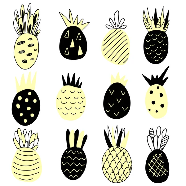 Ensemble Ananas Noirs Jaunes Abstraits Isolés Illustration Vectorielle — Image vectorielle