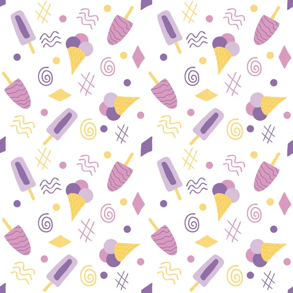 Безшовний Візерунок Морозива Абстрактних Елементів Фіолетово Жовтих Кольорах Векторні Ілюстрації — стоковий вектор