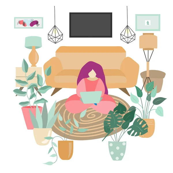 床に座ってノートパソコンで作業する少女のイラスト 部屋には快適な家具や植物が備わっています 自宅のコンセプト フリーランス 自宅での仕事 フラットスタイルのベクトルイラストで時間を過ごす — ストックベクタ