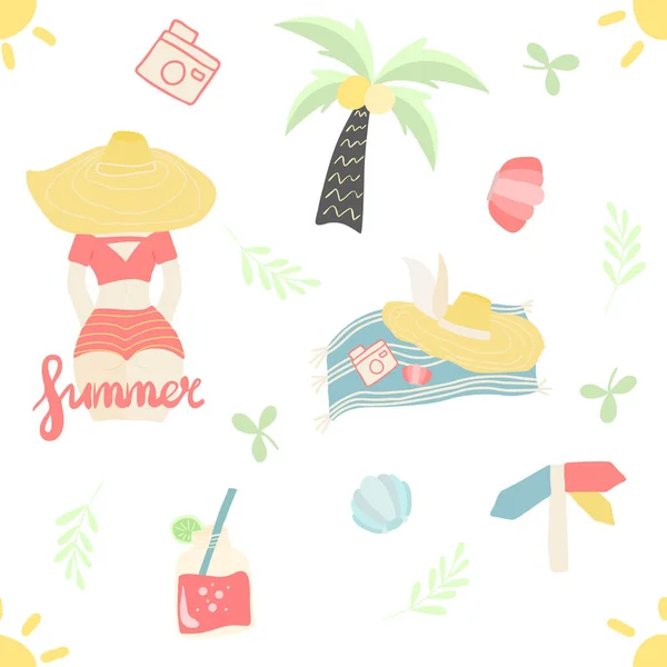 Seamless Pattern Summer Elements Palm Hat Shells Summer Girl Floral — Stock Vector