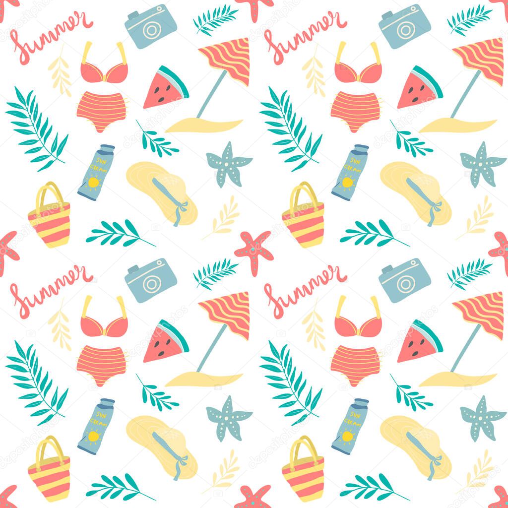 Seamless pattern of various summer elements (hat, beach bag, palm leaves, sea starfish, photocamera, watermelon), vector illustration
