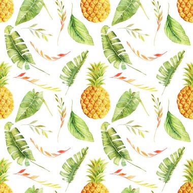 Suluboya ananas ve tropikal yaprakların kusursuz deseni, beyaz arka planda elle boyanmış izole edilmiş çizimler.