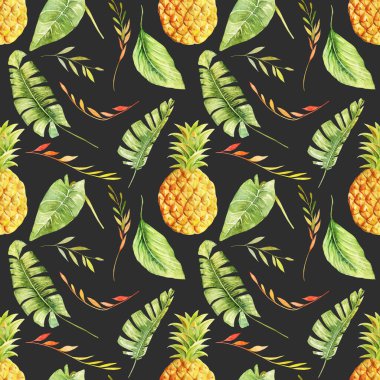 Suluboya ananas ve tropikal yaprakların kusursuz deseni, koyu arkaplanda elle boyanmış izole edilmiş çizimler.