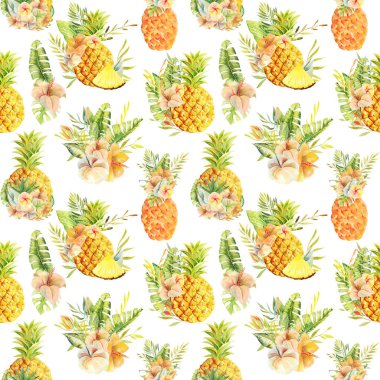 Çiçekli ananasların kusursuz deseni ve tropikal çiçek ve meyve kompozisyonları, beyaz arka planda elle boyanmış resimler.