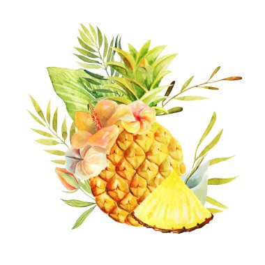 Suluboya ananas ve egzotik çiçeklerin bileşimi, beyaz arkaplanda izole edilmiş bir illüstrasyon